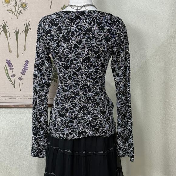 90s Y2k Floral Metallic Flare Sleeve Top Whimsigoth Romantic Goth Dark Fairy M - Picture 4 of 7